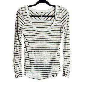 Free People Womens T Shirt SZ XS Cream Brown Striped Candy Crochet Long Sleeve